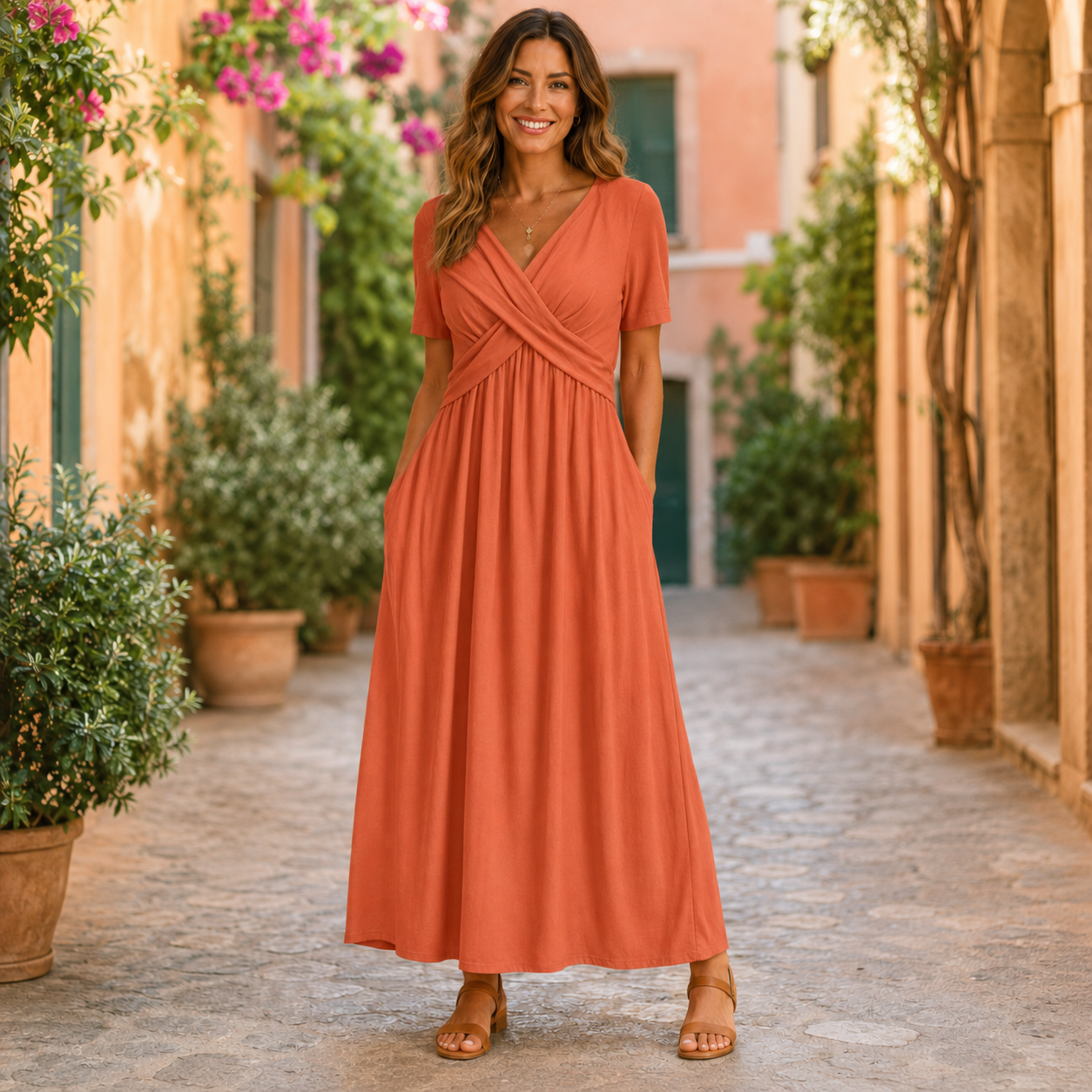 Robe longue corail à buste croisé et col V, portée en extérieur ensoleillé