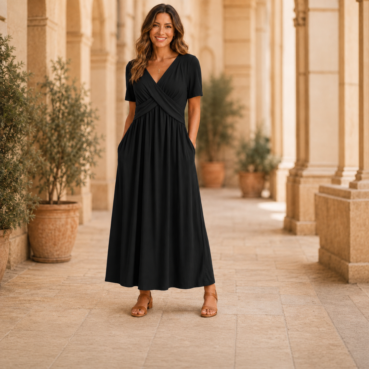 Robe longue noire à col V croisé et jupe fluide, allure élégante
