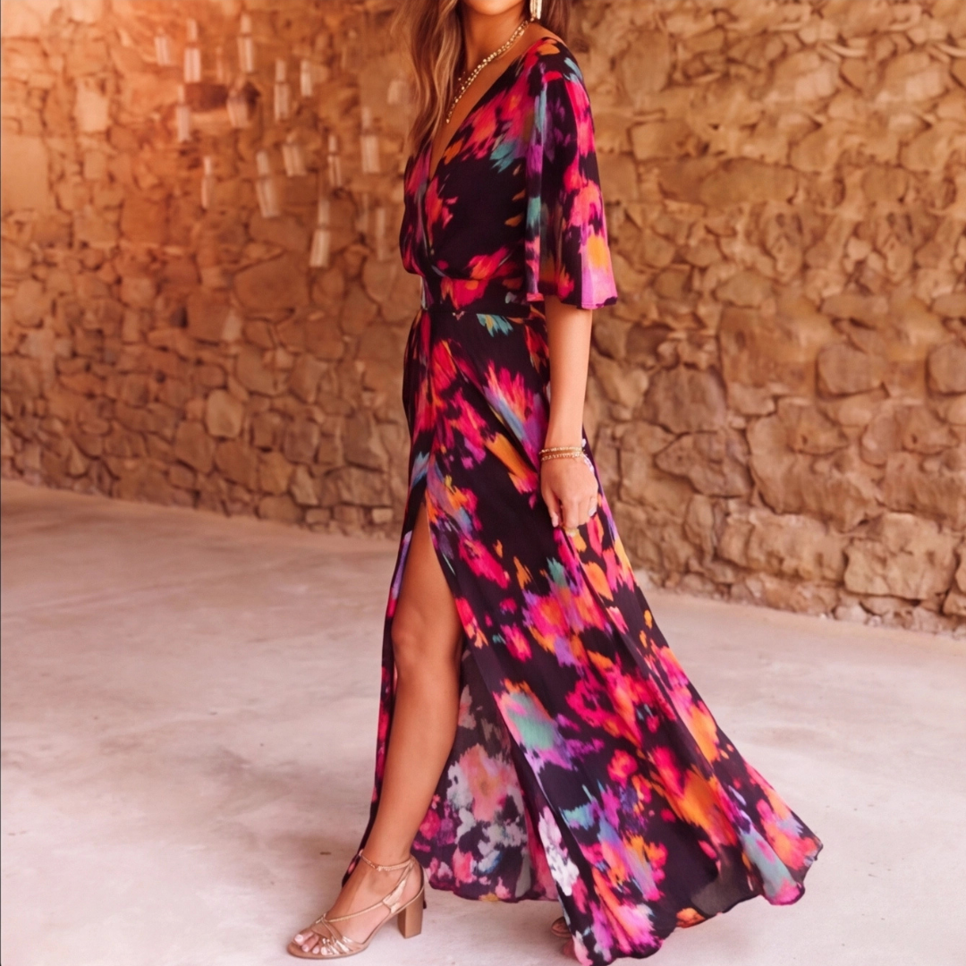 Robe longue multicolore imprimé fleuri avec fente avant, vue de dos et côté
