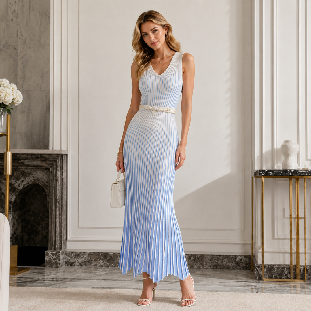 Robe longue en maille côtelée bleu rayé, coupe ajustée et rayures verticales dégradées