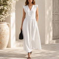 Robe Femme Longue Col V Sans Manches Volants Boutonnée Taille Cintrée Été Bohème Chic | Jerica