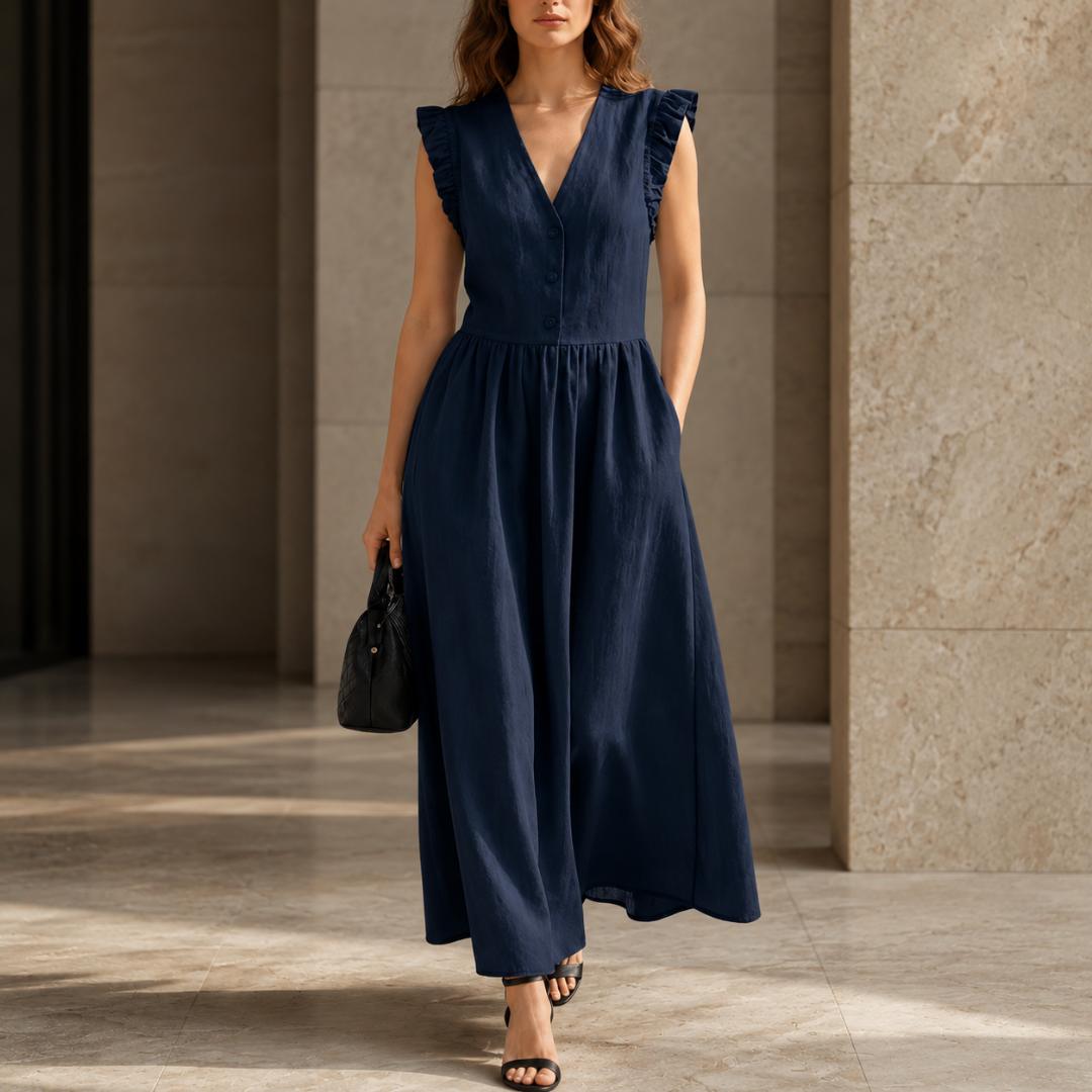 Robe longue bleu marine élégante, coupe cintrée et jupe évasée