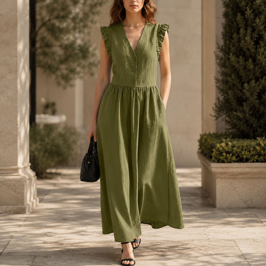 Robe longue verte avec col V et manches volantées, style bohème