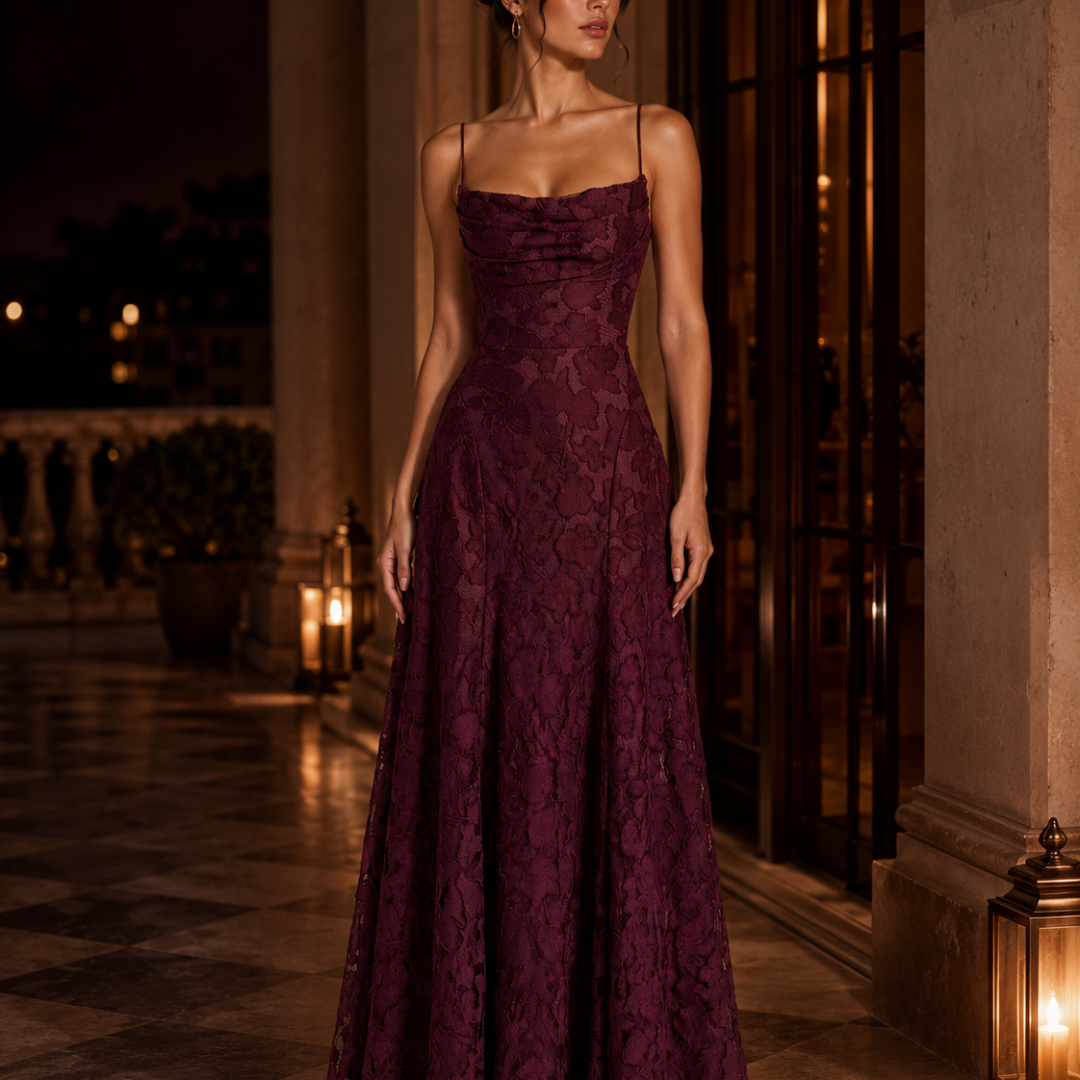 Robe femme longue dentelle bordeaux