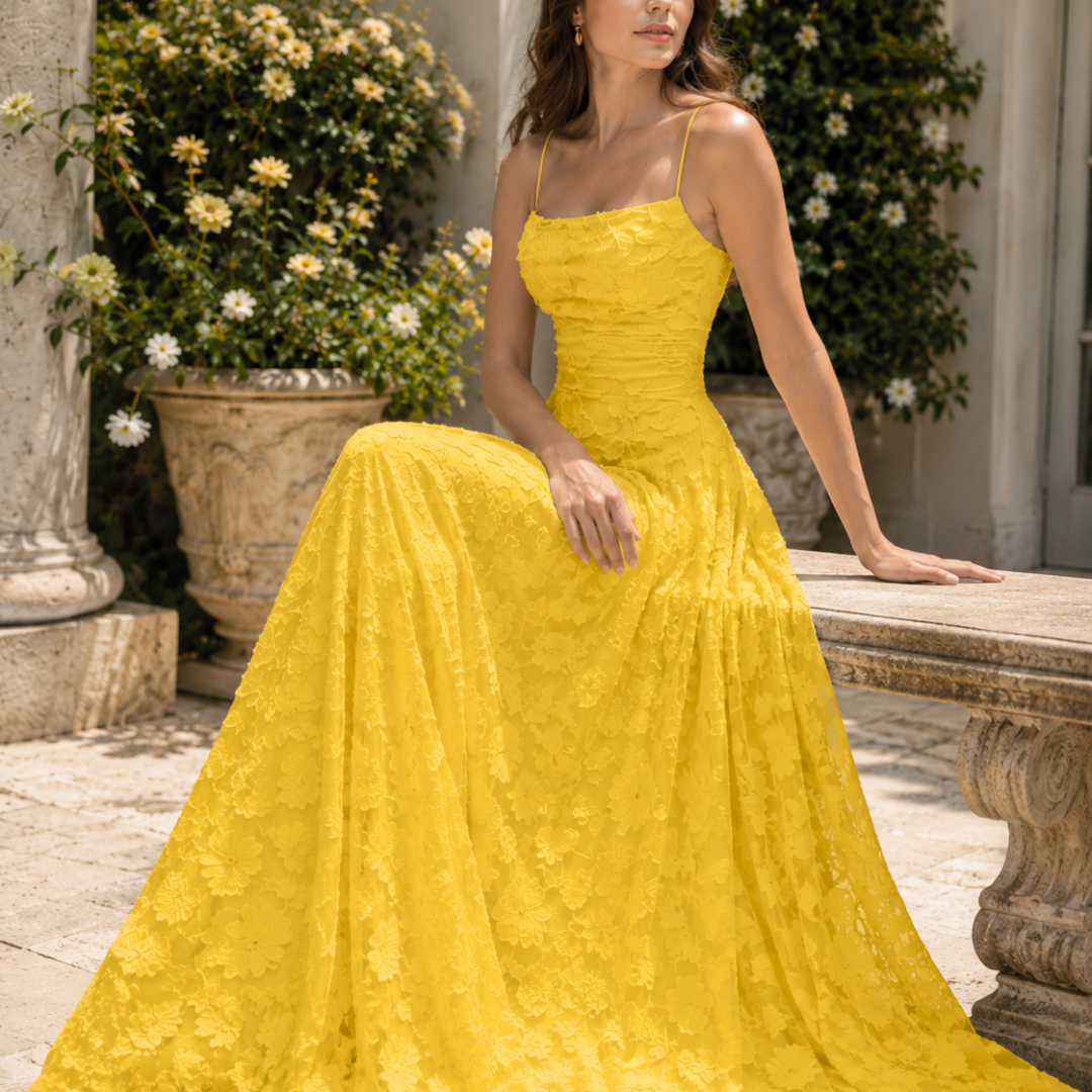 Robe femme longue dentelle jaune