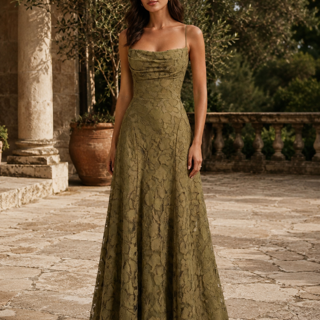 Robe femme longue dentelle kaki