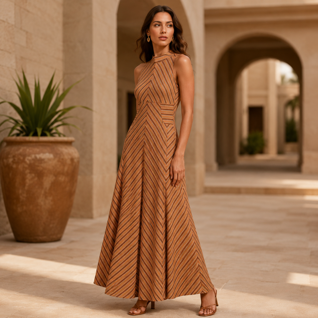 Robe longue orange sans manches à rayures chevron, vue de trois quarts
