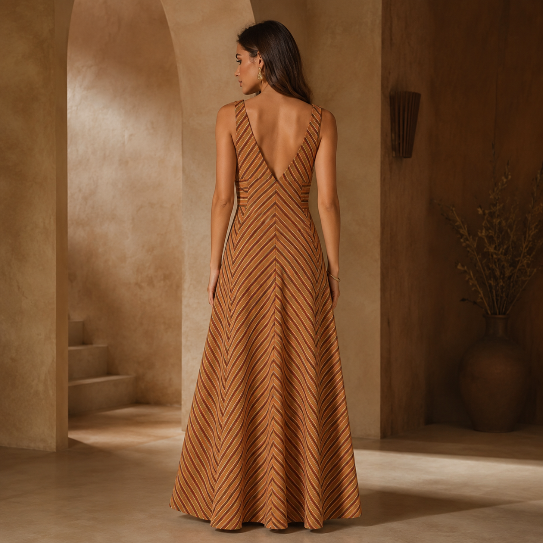 Robe longue orange vue de dos, décolleté profond en V et jupe ample