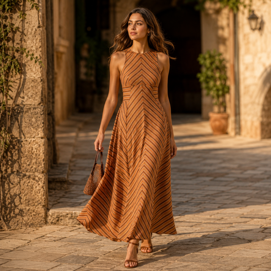 Robe longue orange en mouvement, jupe évasée fluide et rayures chevron