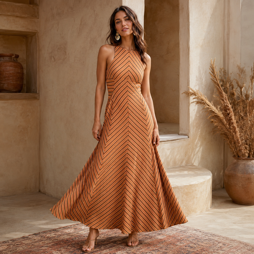 Robe longue orange sans manches, rayures chevron et jupe ample évasée