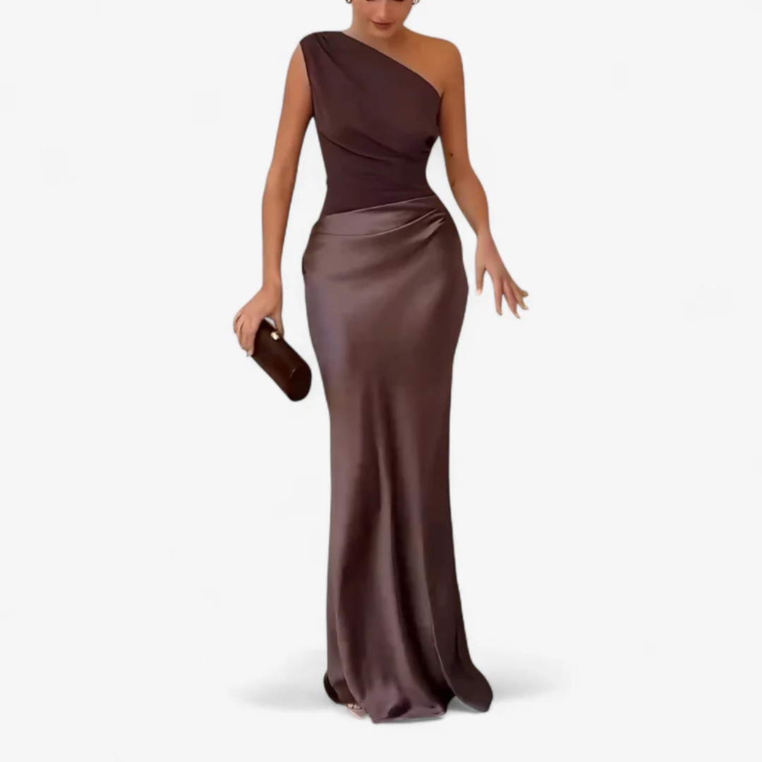 Robe Amelia brun, vue de dos, silhouette fourreau longue