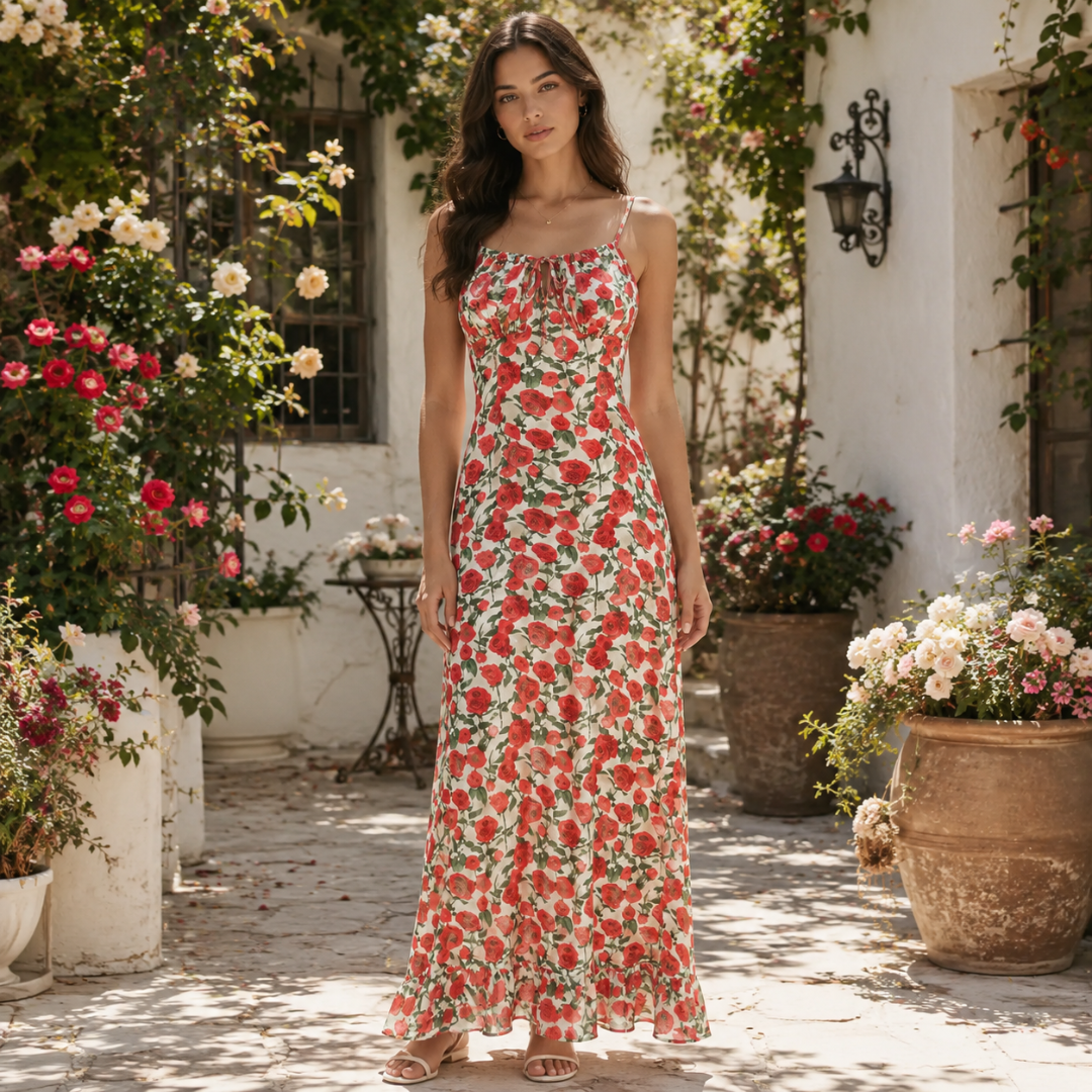 Robe longue blanche à roses rouges, fines bretelles et buste ajusté