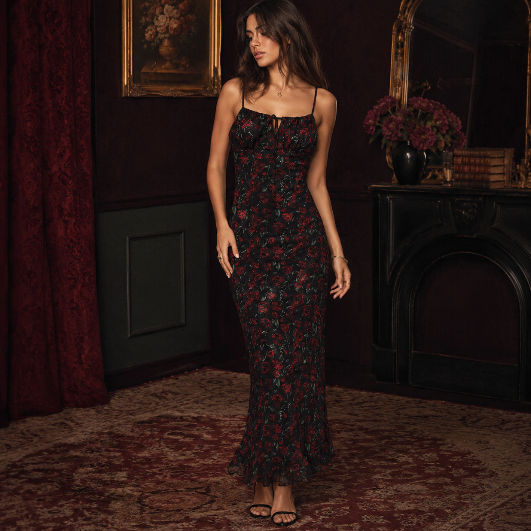 Robe longue fleurie noire fluide portée dans un intérieur élégant