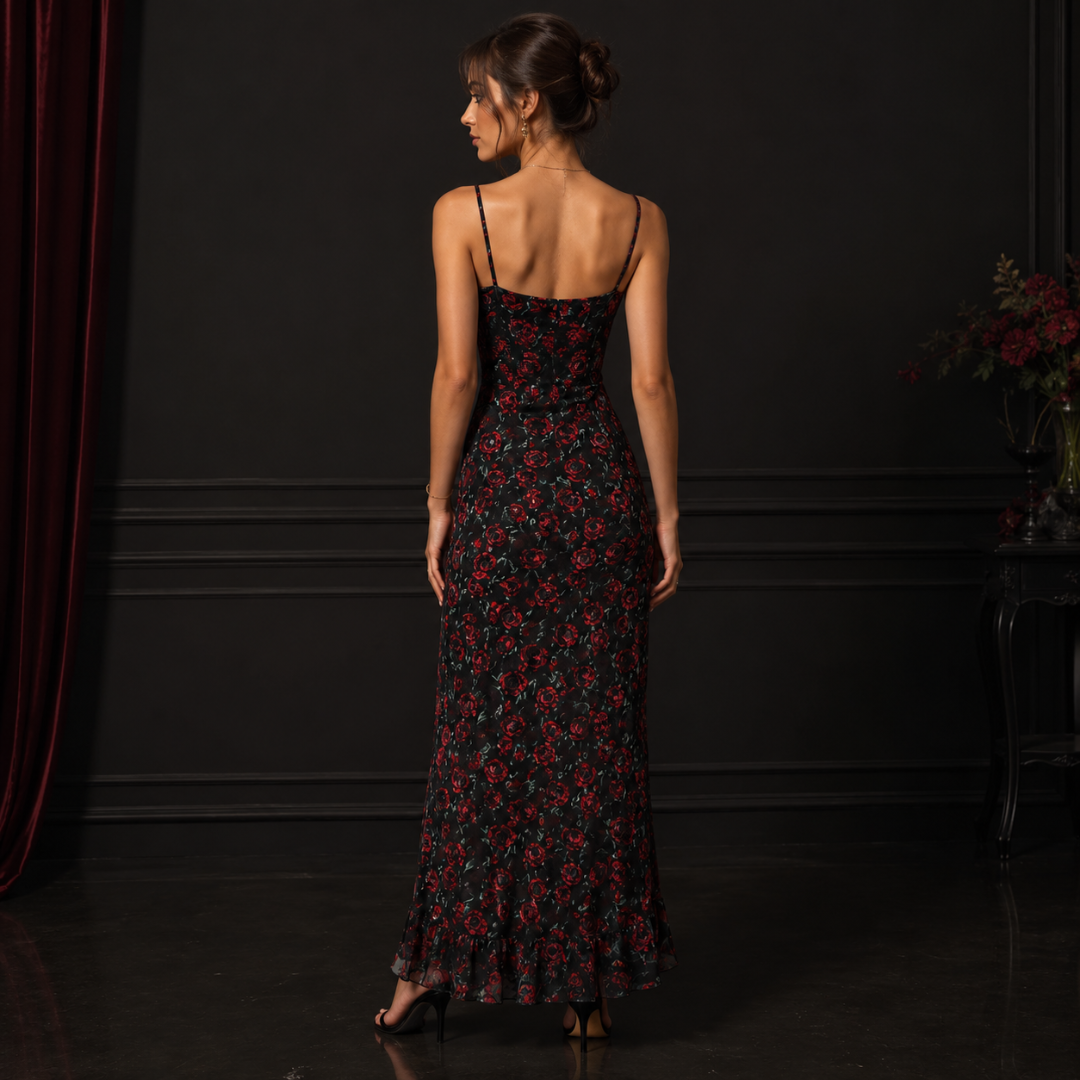 Dos de la robe longue noire à roses rouges et fines bretelles