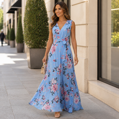 Robe fleurie bleue avec ceinture, mouvement de marche dans un jardin