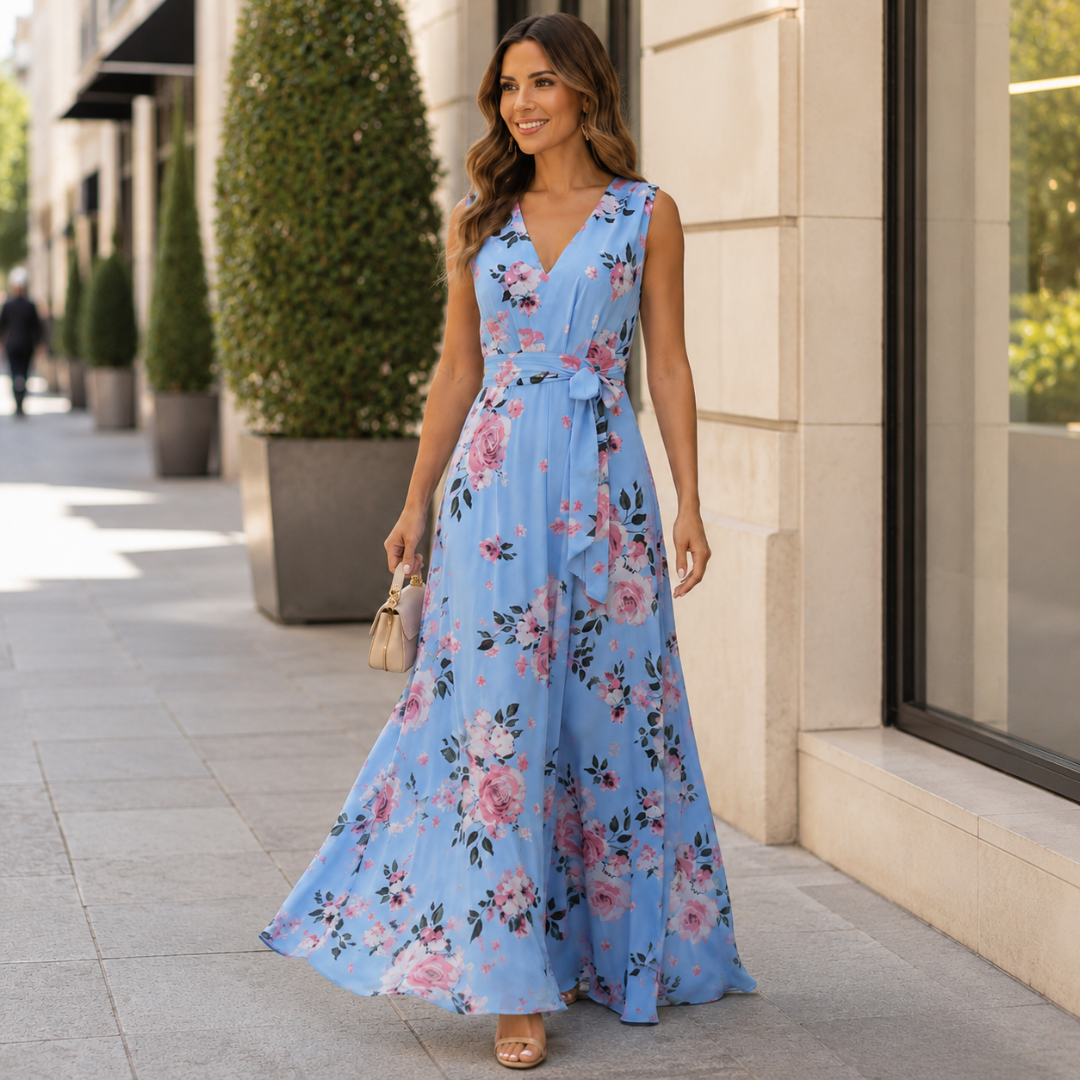 Robe fleurie bleue avec ceinture, mouvement de marche dans un jardin