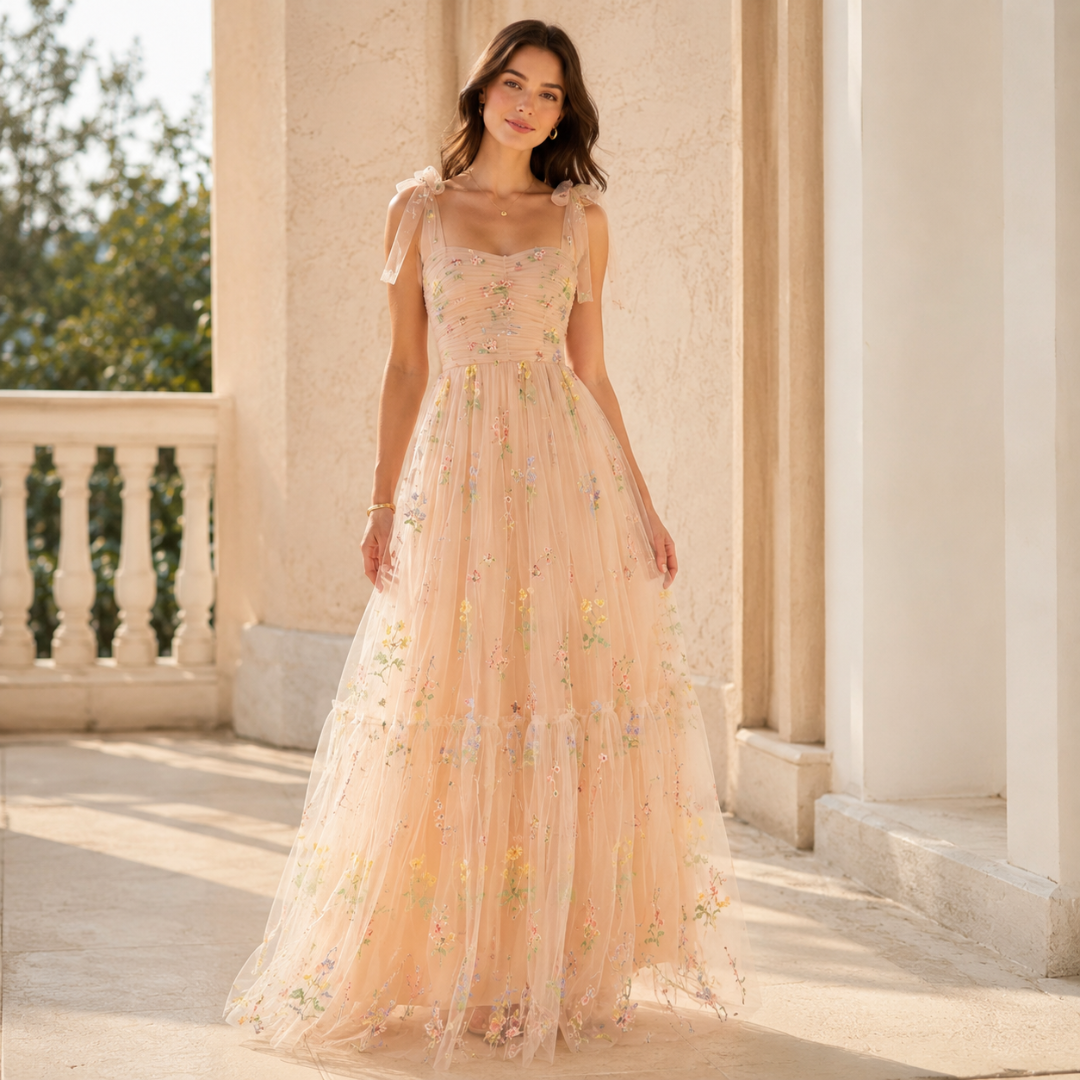 Robe longue en tulle champagne broderies florales portée de face vue d'ensemble