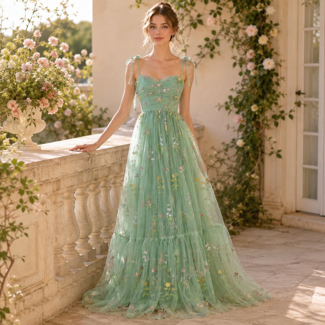 Robe longue en tulle vert broderies florales portée de face dans un décor fleuri