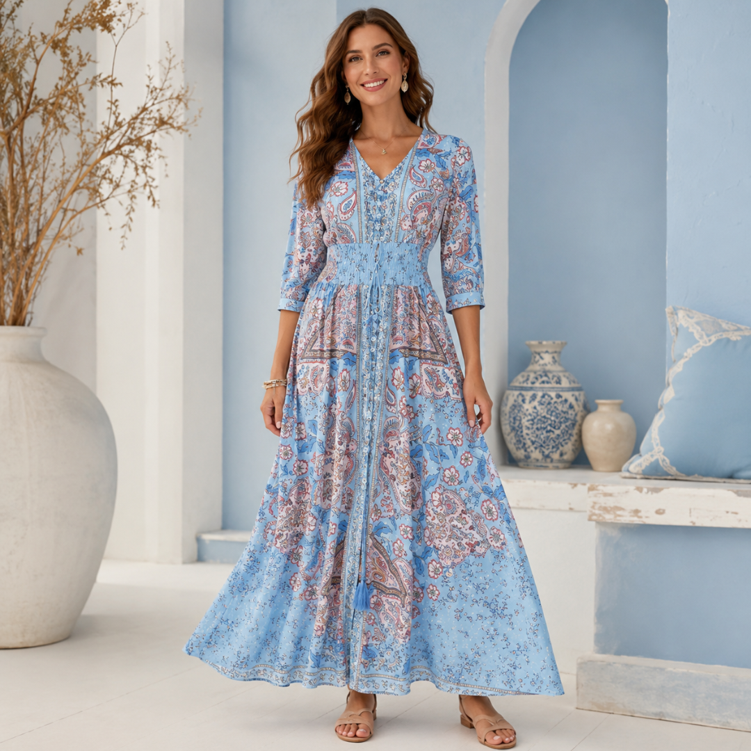 Robe longue bohème en version bleue à imprimé cachemire et manches 3/4