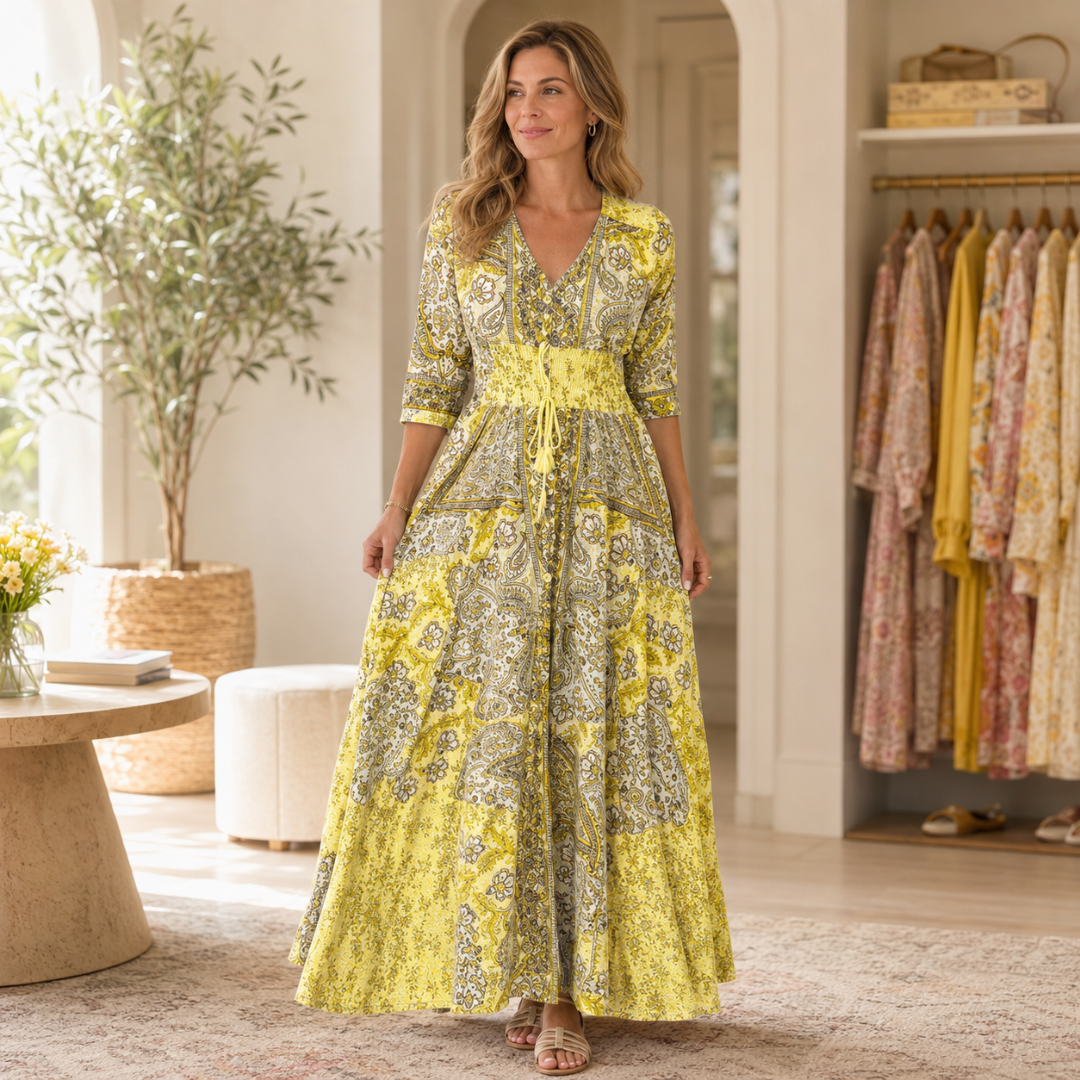 Robe longue bohème en version jaune à imprimé cachemire et manches 3/4