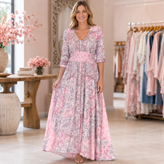 Robe longue bohème en version rose à imprimé cachemire et manches 3/4