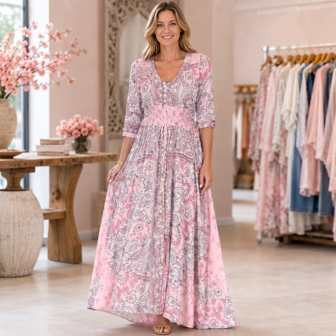 Robe longue bohème en version rose à imprimé cachemire et manches 3/4