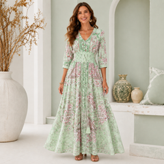 Robe longue bohème en version verte à imprimé cachemire et manches 3/4