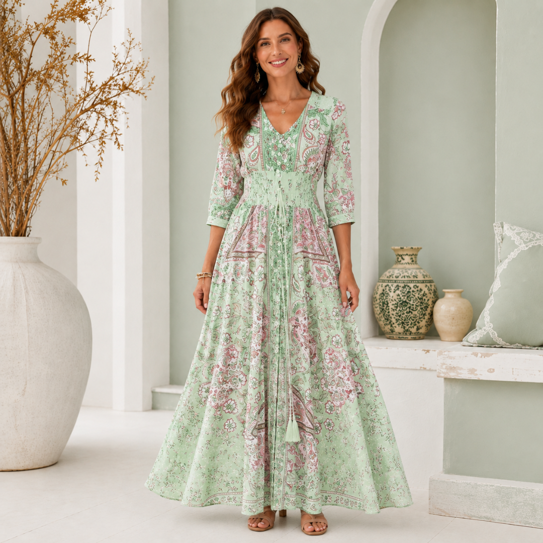 Robe longue bohème en version verte à imprimé cachemire et manches 3/4