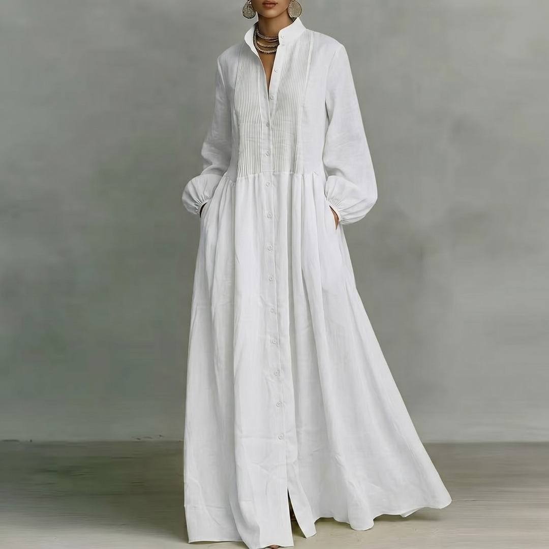 Robe maxi blanche boutonnée col montant longueur sol coupe fluide