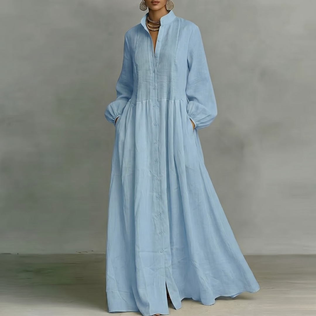 Robe longue bleu clair boutonnée manches longues jupe ample froncée