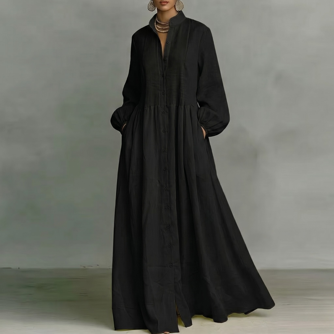 Robe maxi noire boutonnée col montant manches longues coupe fluide élégante