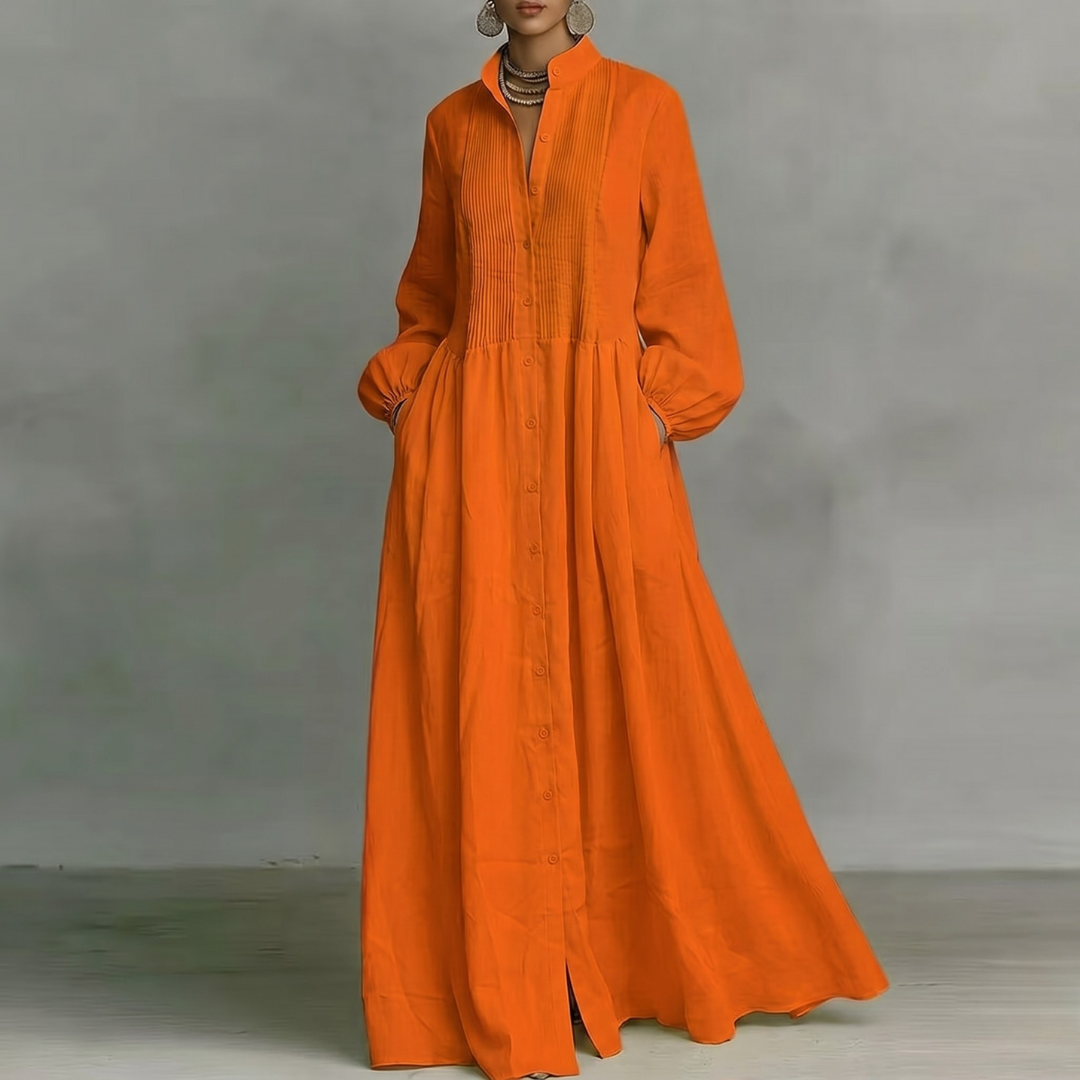 Robe longue orange boutonnée manches longues tissu fluide et ample