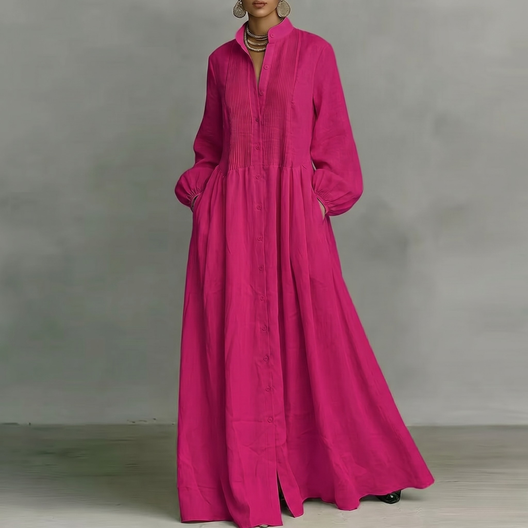 Robe maxi rose rouge col montant boutonnée longueur maxi coupe ample