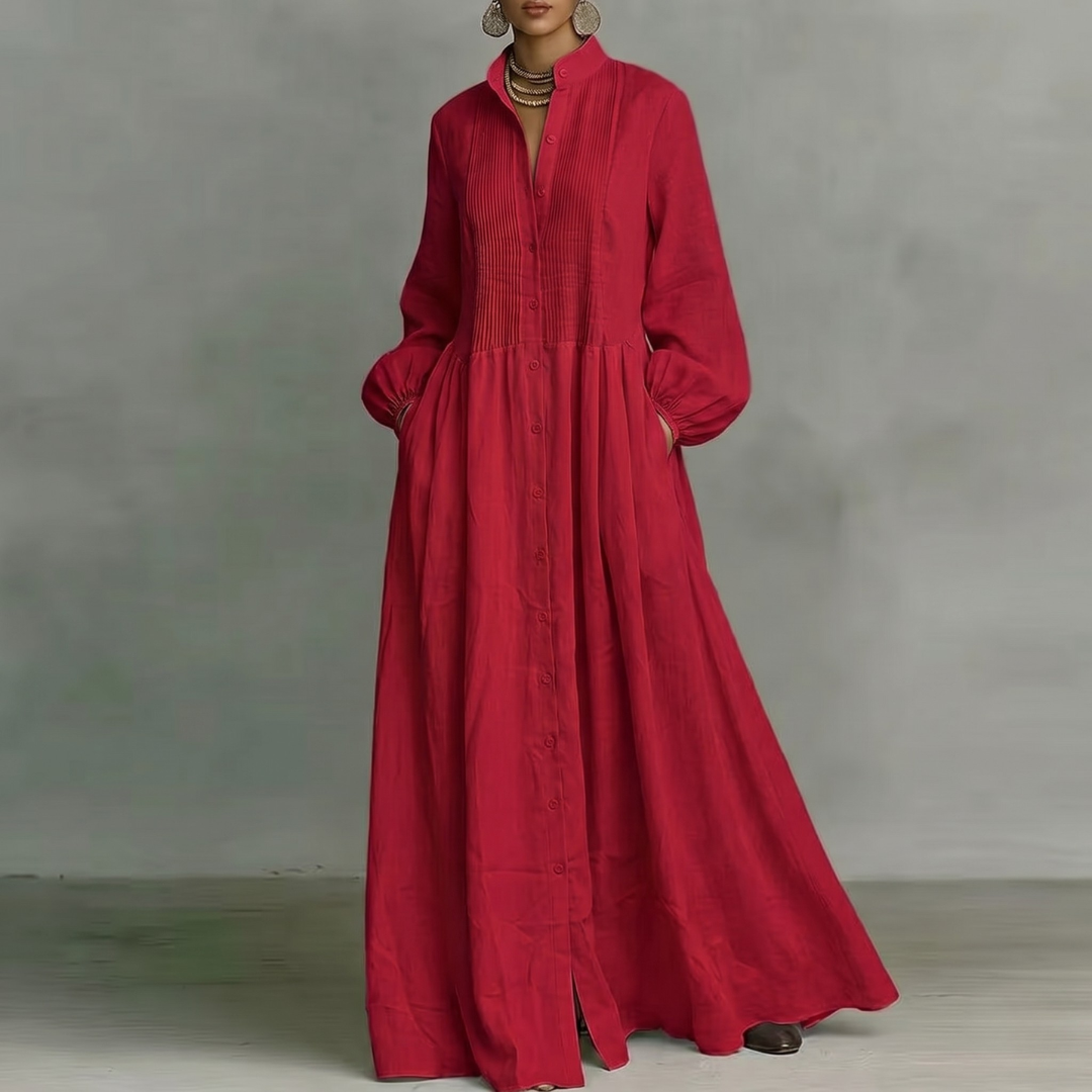 Robe longue rouge vif boutonnée col montant jupe froncée manches longues