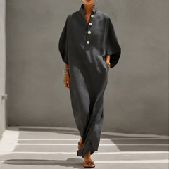 Robe maxi gris foncé col montant boutonné et manches chauve-souris, coupe ample
