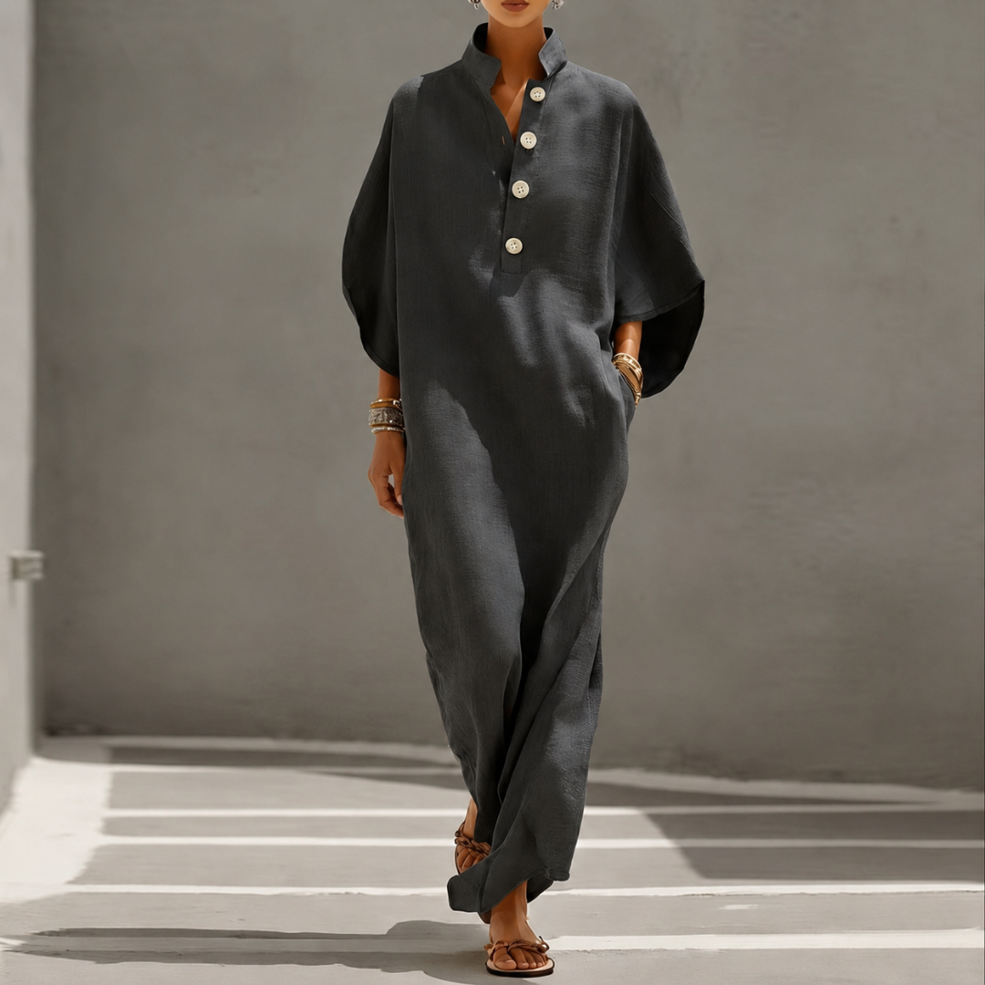 Robe maxi gris foncé col montant boutonné et manches chauve-souris, coupe ample