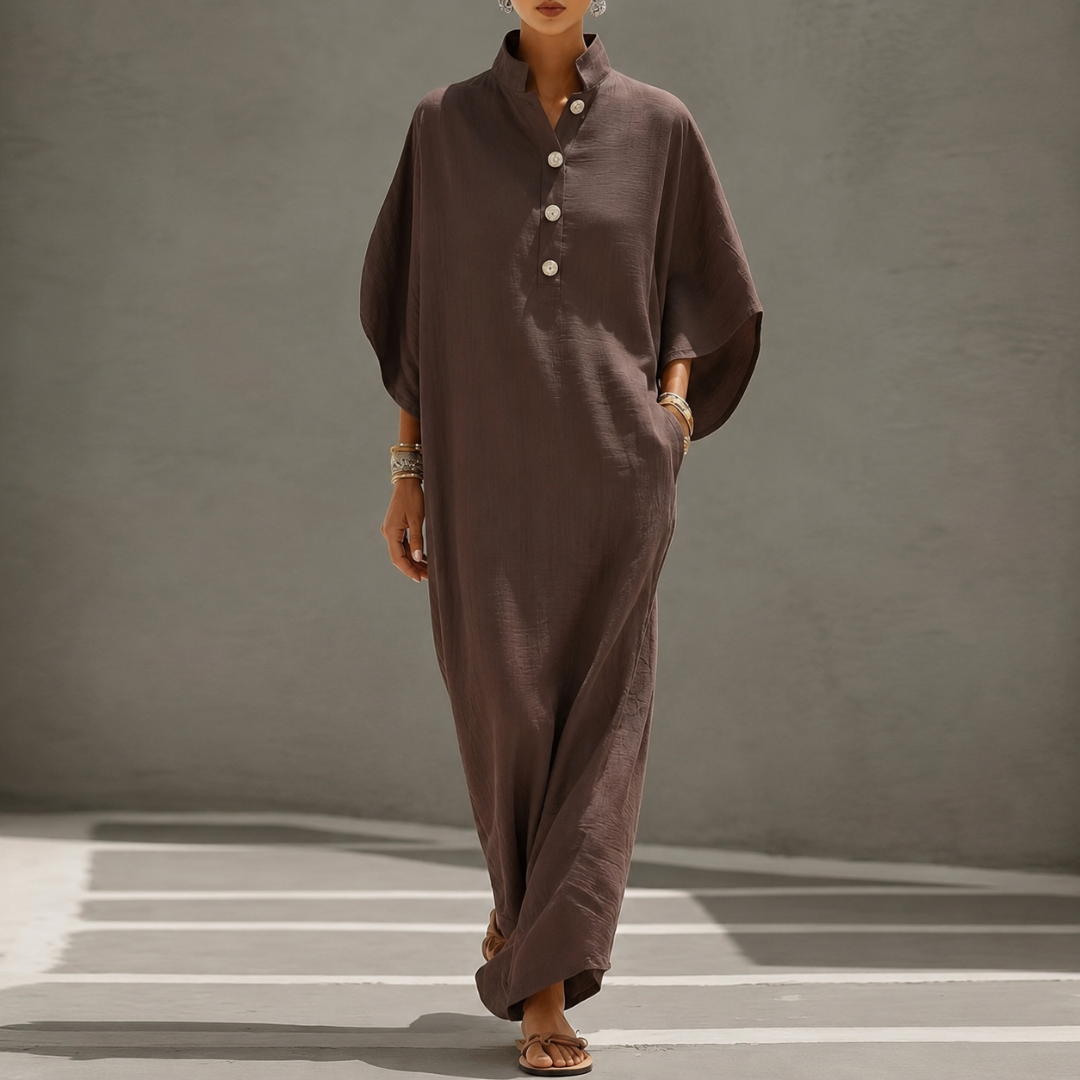 Robe longue marron oversize avec col montant boutonné et manches chauve-souris