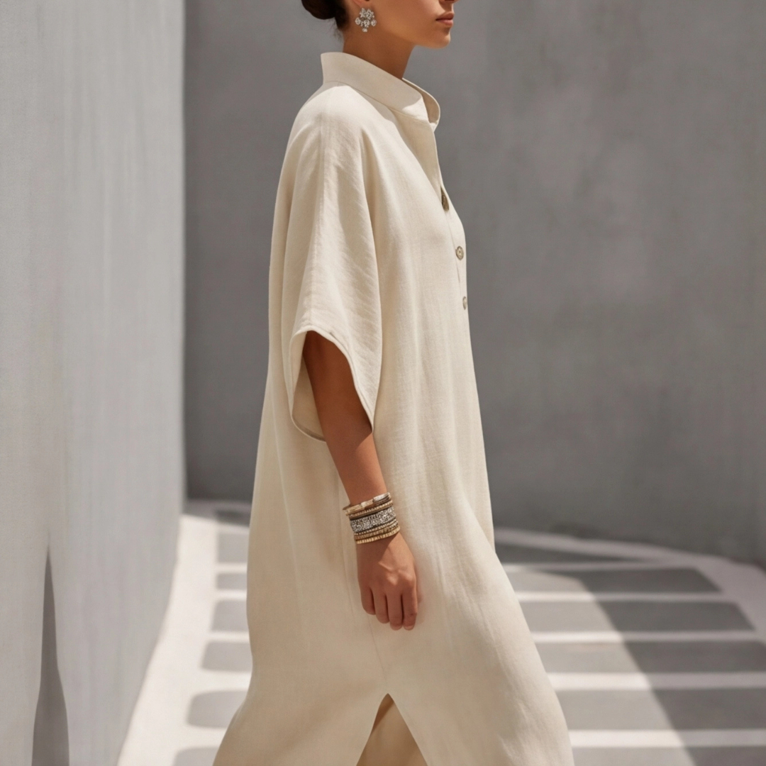 Robe longue femme beige silhouette fluide coupe oversize vue de dos