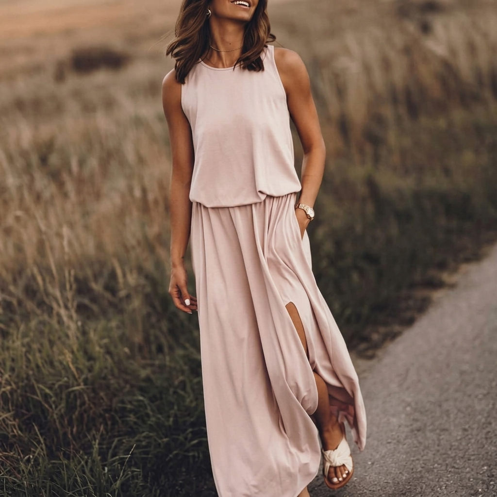 Robe maxi femme beige portée en extérieur, vue de face