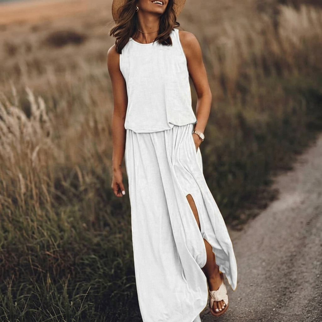 Robe maxi blanche portée en extérieur, tissu doux et léger