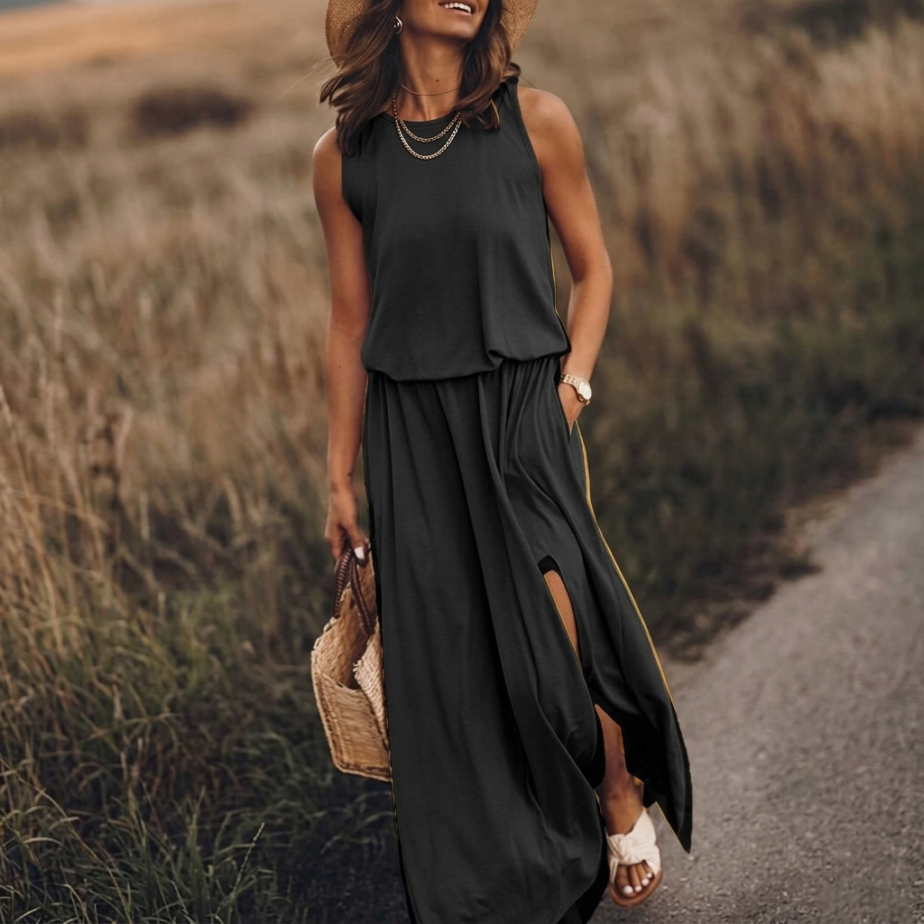 Robe longue noire, silhouette élégante et décontractée en extérieur