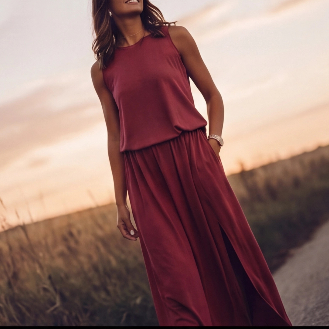 Robe rouge fluide avec fente, modèle en mouvement sur chemin