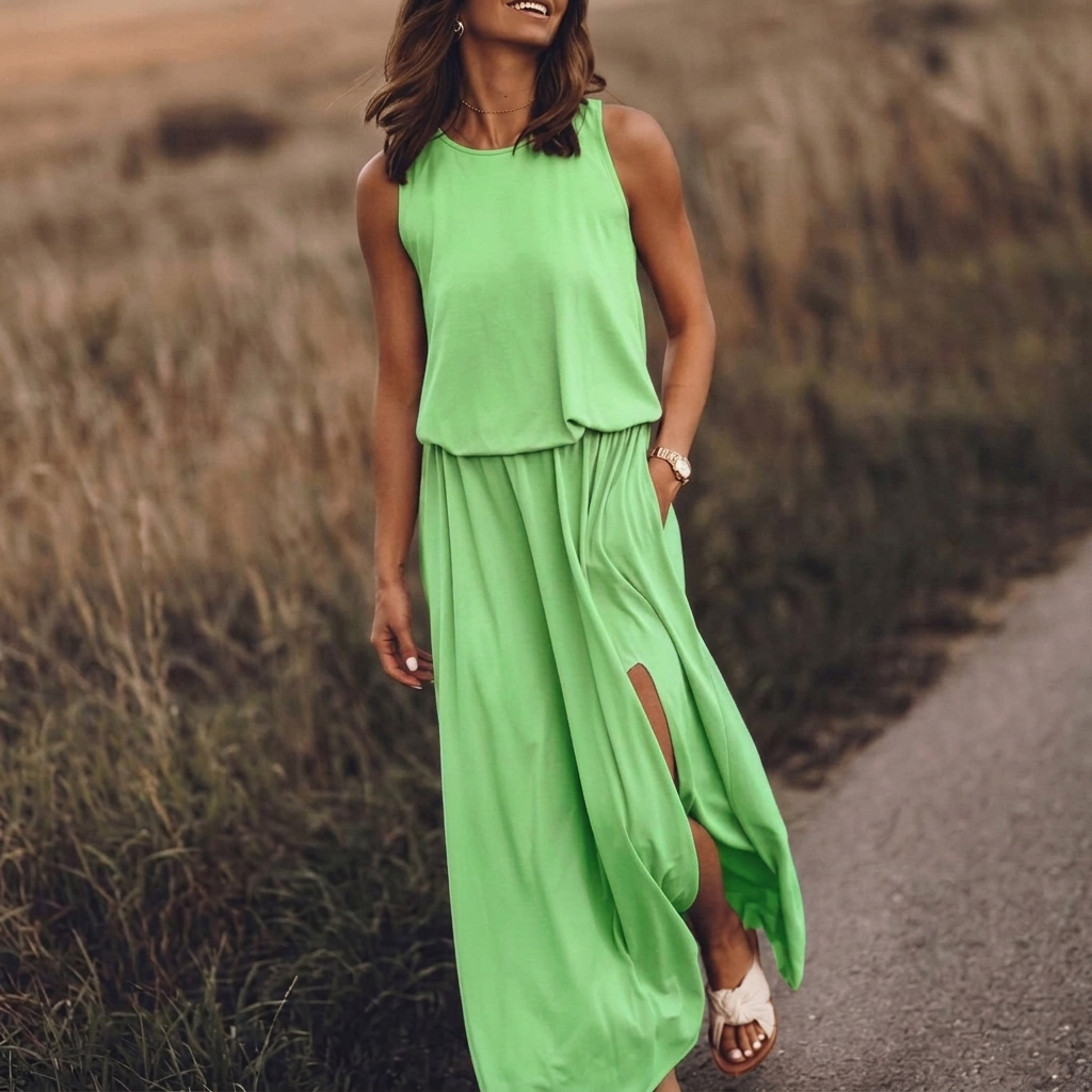 Robe maxi vert clair avec fente latérale, modèle en extérieur