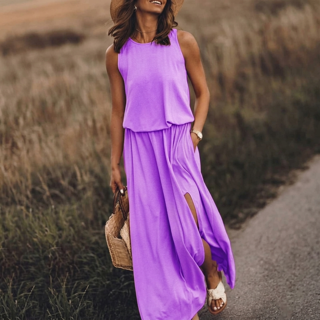Robe longue violette avec fente latérale, silhouette décontractée