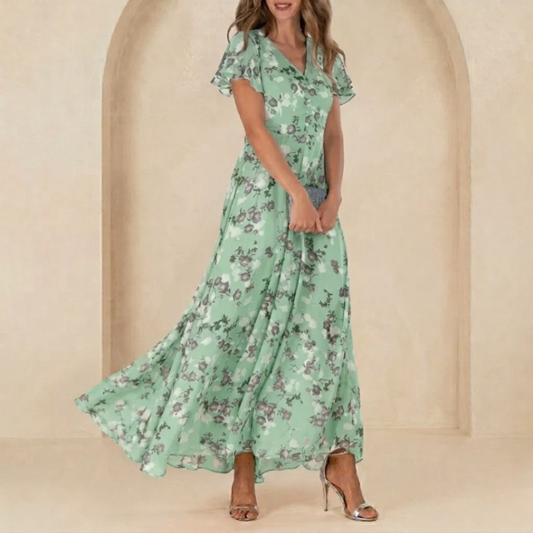 Robe longue fleurie verte col en V manches volantées vue de face