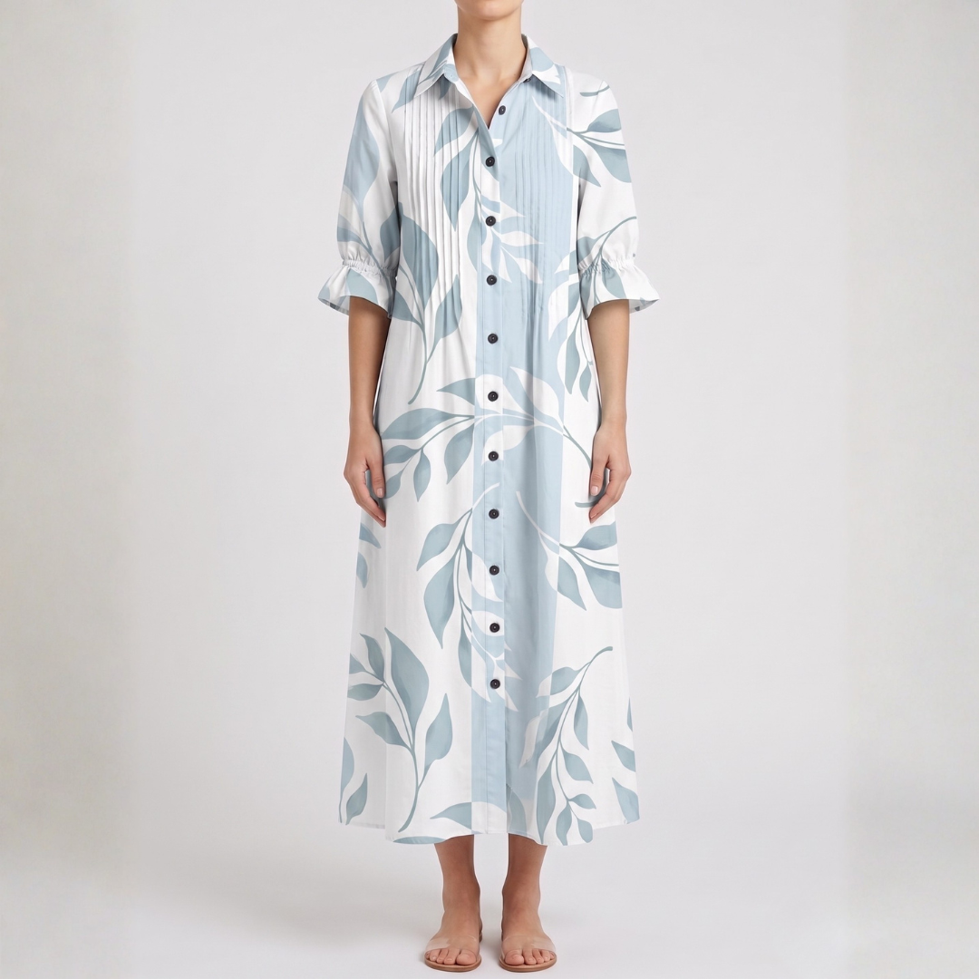 Robe maxi imprimé feuillage bleu et blanc col chemise boutonnée vue de face