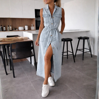 Robe Femme Maxi en Jean Sans Manches Boutonnée Ceinturée Été Casual | Jane