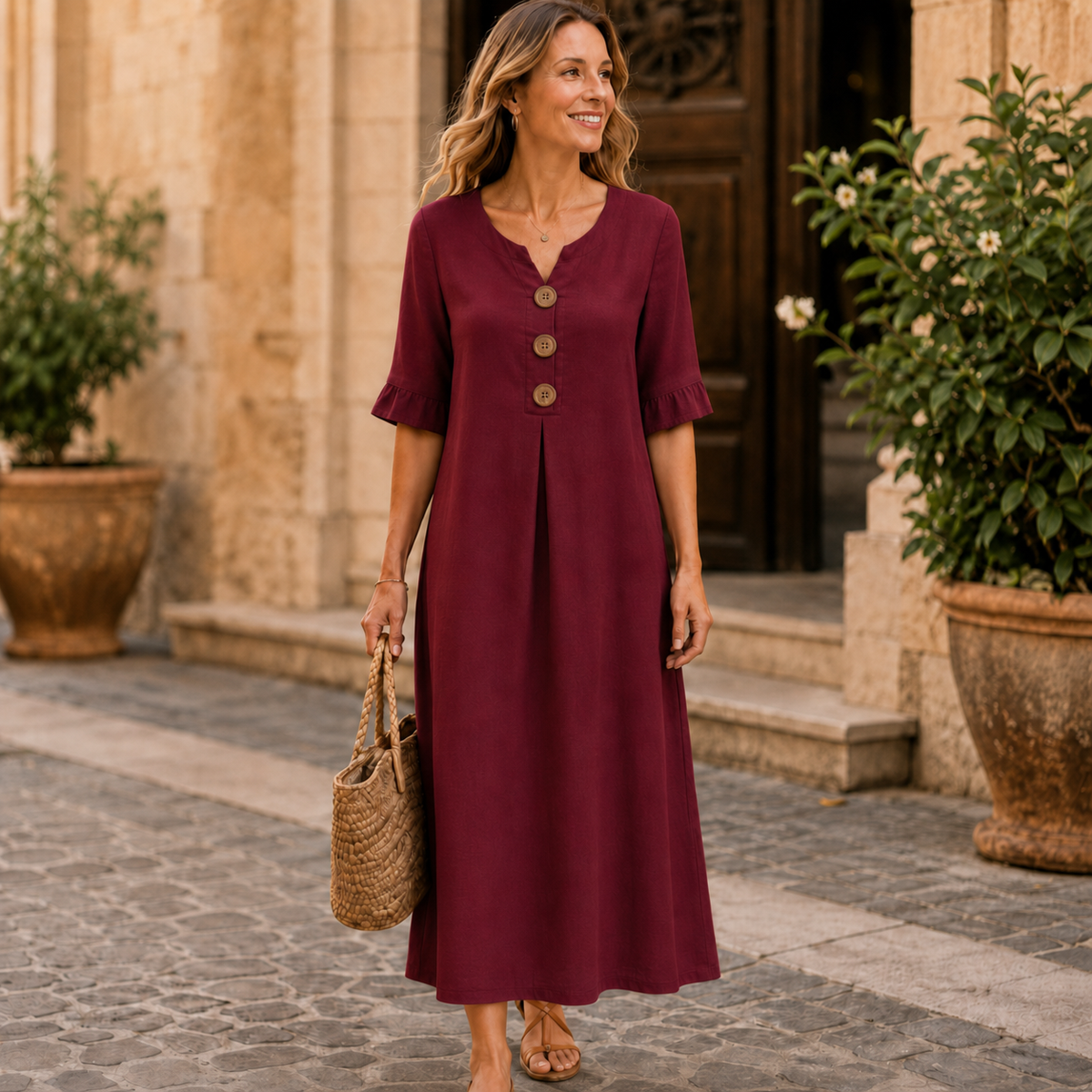 Robe maxi bordeaux boutonnée à plis portée dans un cadre ensoleillé