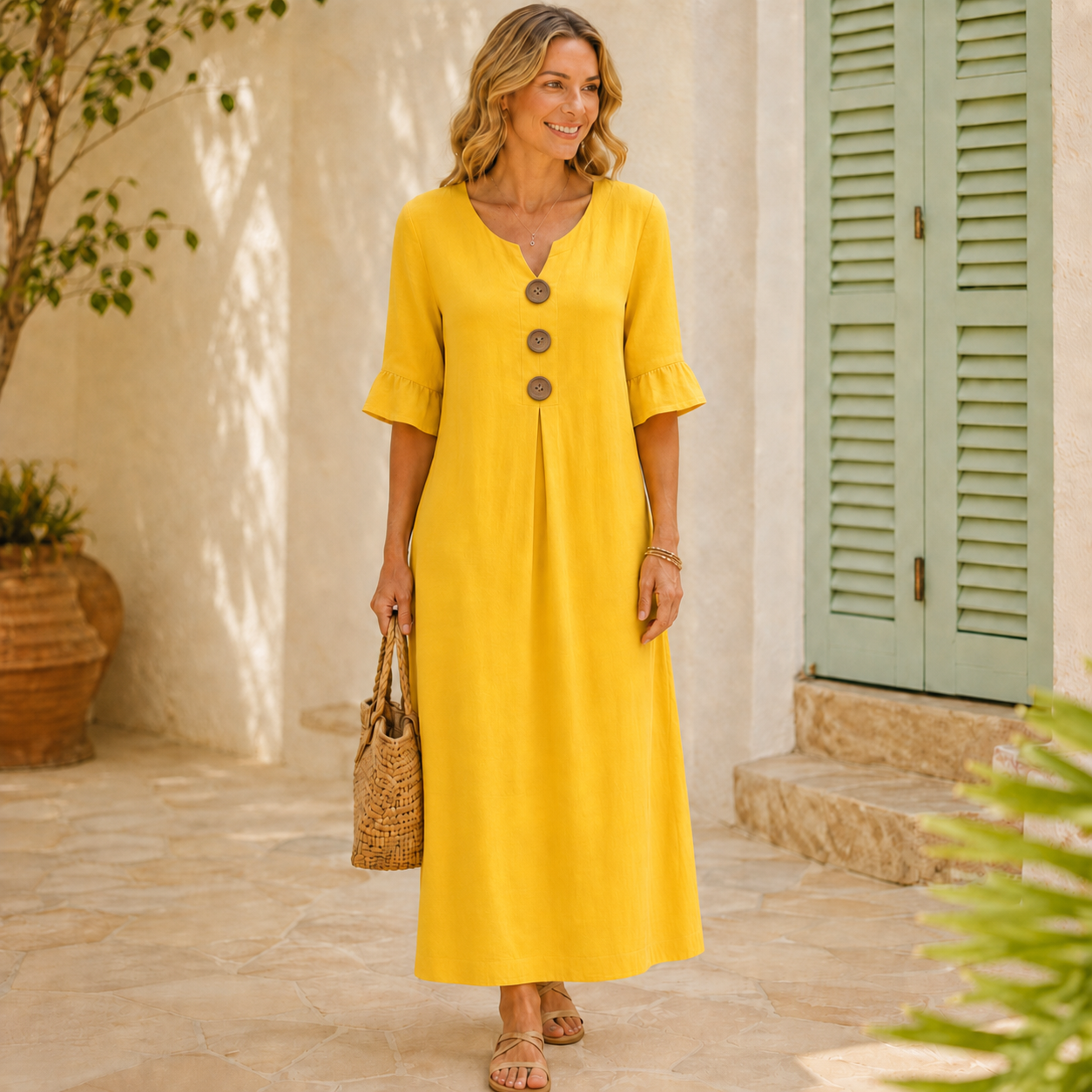 Robe maxi jaune boutonnée col V devant des volets verts ensoleillés