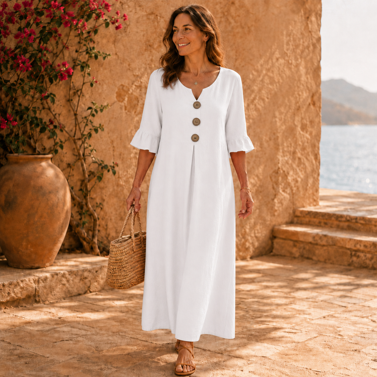 Robe longue orange manches 3/4 volantées au tombé fluide en extérieur